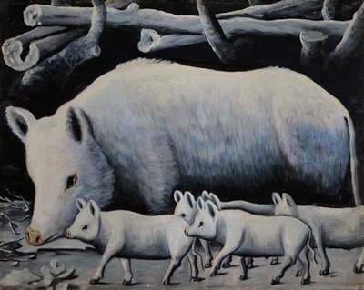 Truie blanche avec porcelets - Niko Pirosmani