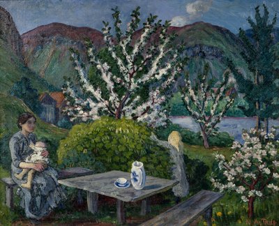 Mère et enfant près de la table de jardin - Nikolai Astrup
