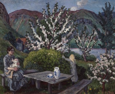 Mère et enfant à la table de jardin - Nikolai Astrup