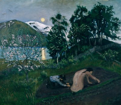 Nuit de printemps dans le jardin, Travail de nuit dans le jardin - Nikolai Astrup