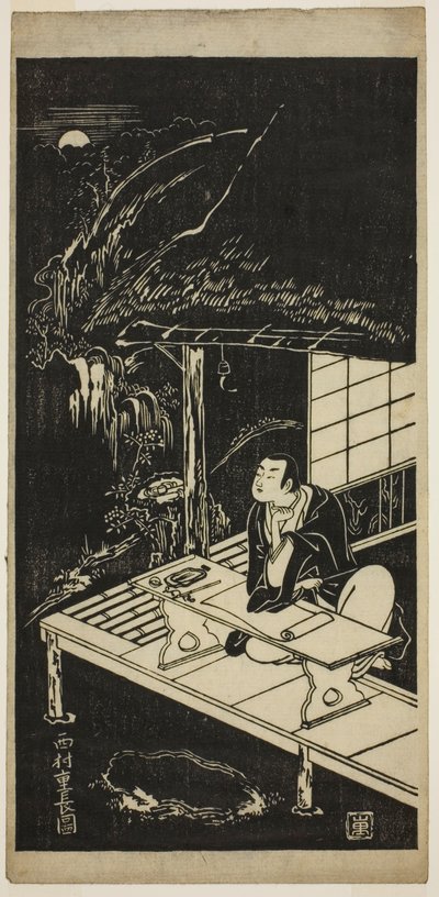 Homme dans une hutte de chaume regardant la lune - Nishimura Shigenaga