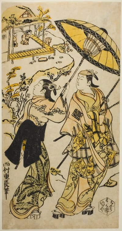 Le portrait des acteurs au cottage Ogura - Nishimura Shigenaga