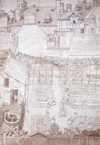 Un jardin de maison de ville, avec des parterres et une pergola de vigne, entouré de bâtiments, vers 1677 - Noel Gasselin