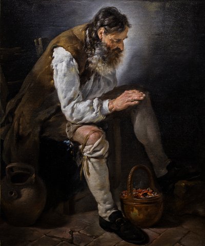 Hiver. Vieil homme se réchauffant les mains à un brasero, vers 1747 (Huile sur toile) - Noel Halle