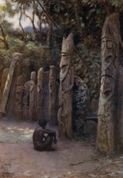 Les pierres "Demits," ou les âmes, avec leurs figures en bois, île de Malekula, Nouvelles-Hébrides (lithographie en couleur) - Norman Hardy