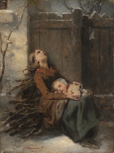 Mère morte démunie tenant son enfant endormi en hiver - Octave Tassaert