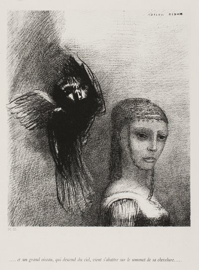 Et un grand oiseau, descendant du ciel, se jette contre le sommet de ses cheveux, planche 3 de 10, 1888 - Odilon Redon