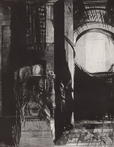 Et partout se sont des colonnes de basalte, la lumière tombe des voûtes, feuille 3 de la série La Tentation de Saint-Antoine - Odilon Redon