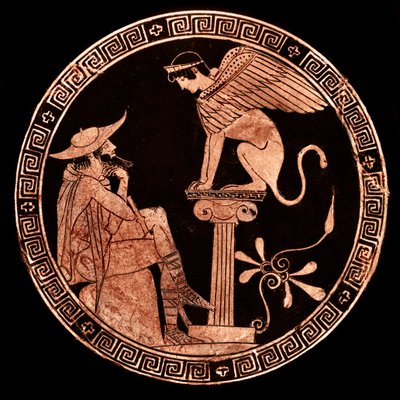 Kylix attique à figures rouges représentant Œdipe et le Sphinx, Vulci, vers 470 av. J.-C. - Oedipus Painter (attr. to)