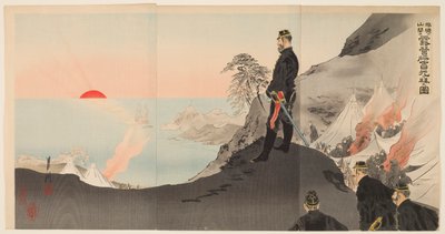 Officiers et hommes admirant le lever du soleil en bivouac dans les montagnes de Port Arthur - Ogata Gekko