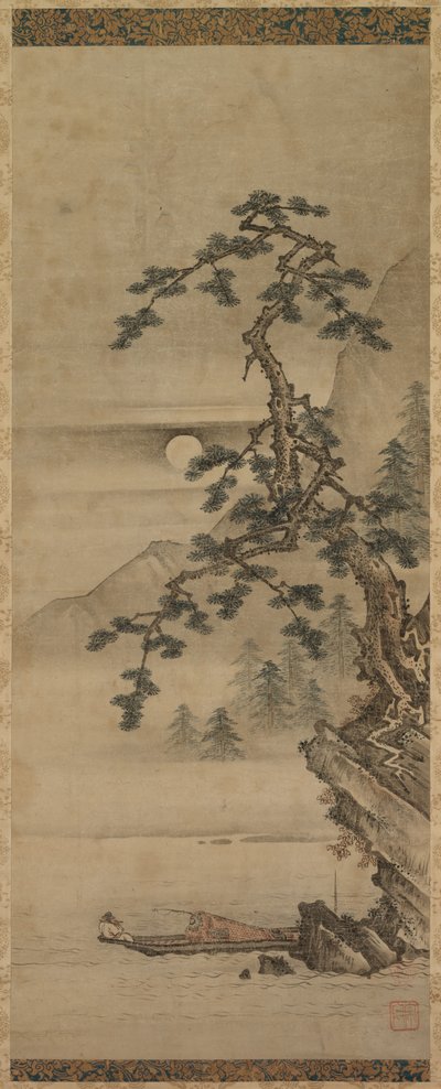 Paysage au clair de lune avec un vieil homme dans un bateau, période Muromachi, 1392-1573 - Oguri Sotan
