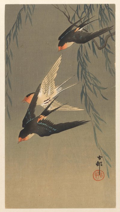 Trois hirondelles à croupion rouge en piqué - Ohara Koson