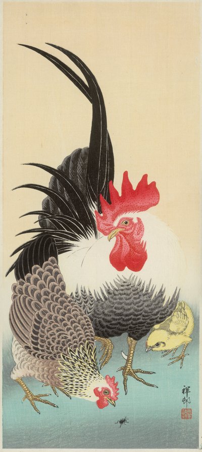 Coq, poule et poussin avec fourmi - Ohara Koson