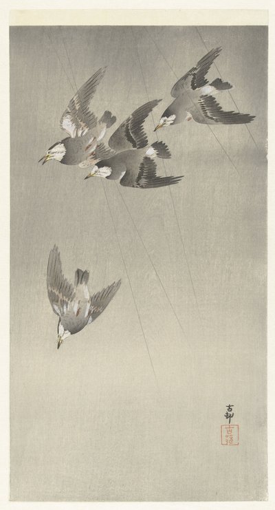 Étourneaux sous la pluie - Ohara Koson