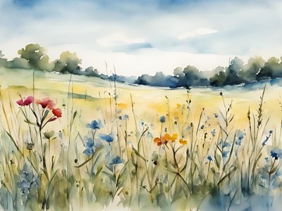 Champ de fleurs sauvages, aquarelle - Ohkimiko
