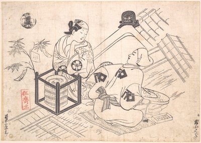 Katsuyama Matagoro dans le rôle de Yane-chi, assis sur une natte de paille sur le toit en tuiles d