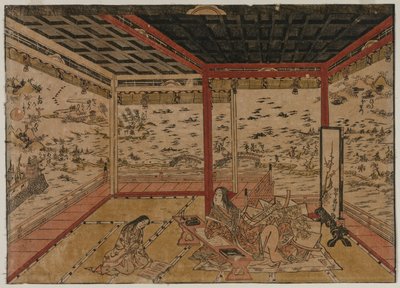 Dame Murasaki à Ishiyama Surplombant un Panorama avec Huit Vues du Lac Biwa - Okumura Masanobu