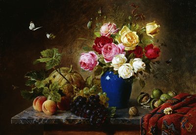 Roses dans un vase, pêches, noix et un melon sur un rebord marbré, 1891 - Olaf August Hermansen