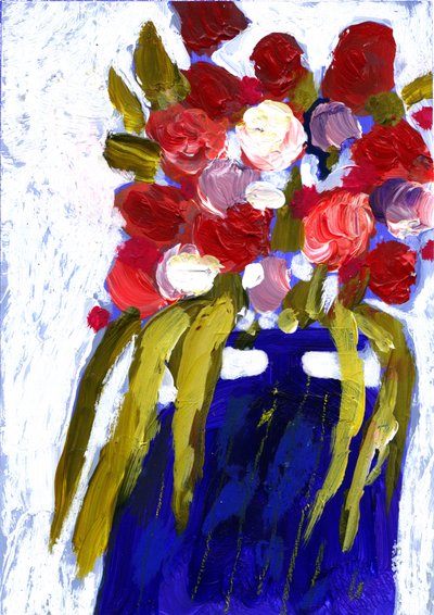 Fleurs colorées dans un vase bleu - Olga Skomorokhova
