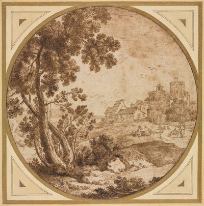 Paysage avec bâtiments et figures - Onorio Marinari