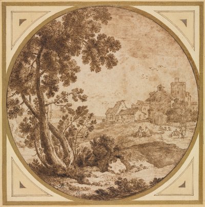 Paysage avec bâtiments et figures, seconde moitié des années 1600 - Onorio Marinari