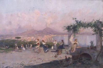 La baie de Naples avec des figures dansant au premier plan - Oscar Ricciardi
