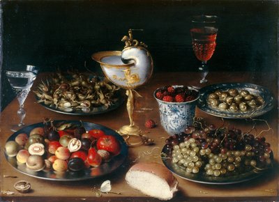 Nature morte avec coupe de nautile, fruits, noix et vin - Osias the Elder Beert
