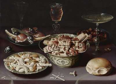 Nature morte avec des sucreries, des châtaignes et un petit pain - Osias the Elder Beert