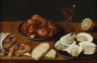 Nature morte avec huîtres, pâtisserie, citron et verre de vin - Osias the Elder Beert