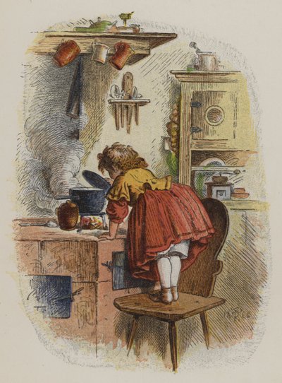 Petite fille regardant dans une casserole sur une cuisinière - Oskar Pletsch