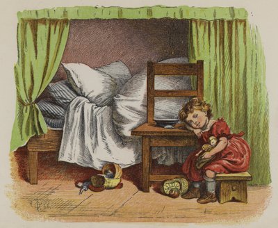 Petite fille assise à côté de son lit (lithographie en couleur) - Oskar Pletsch