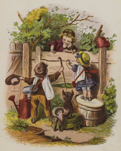 Trois enfants discutant par-dessus une clôture de jardin - Oskar Pletsch