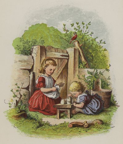 Deux petites filles jouant dans un jardin (lithographie en couleur) - Oskar Pletsch
