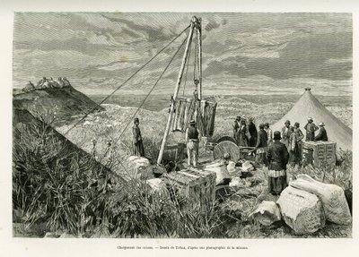 Chargement des caisses des fouilles archéologiques, Perse. Gravure de Tofani, pour illustrer le récit À Suse - Oswaldo Tofani