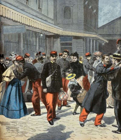 The return of the class. Apres leur service militaire, les soldats retrouvent leurs familles 1897 (Engraving) - Oswaldo Tofani