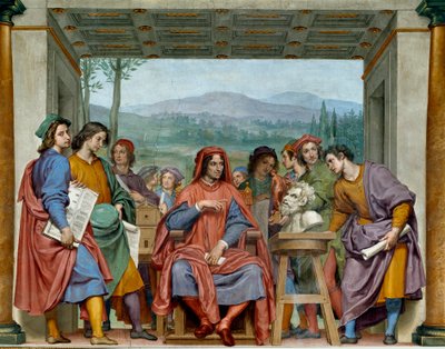 Laurent de Médicis (1449-1492) (Laurent le Magnifique : Lorenzo il Magnifico) assis au milieu des artistes florentins Il admire une tête de faune de Michel-Ange. Fresque d