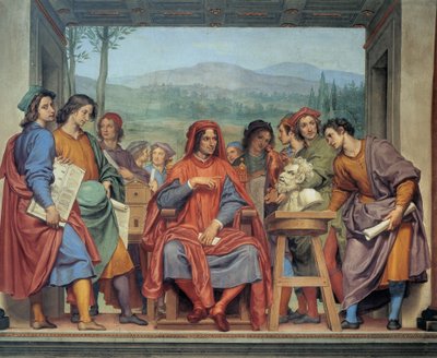 Laurent de Médicis (1449 - 1492) (Laurent le Magnifique : Lorenzo il Magnifico) assis au milieu des artistes, Fresque d