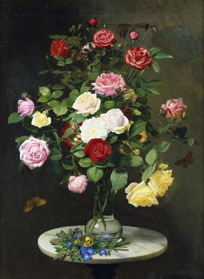 Un bouquet de roses dans un vase en verre avec des fleurs sauvages sur une table en marbre, 1882 - Otto Didrik Ottesen