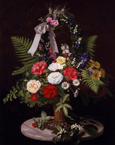Nature morte de fleurs dans un panier (marguerites, fougeres, roses) - Otto Didrik Ottesen