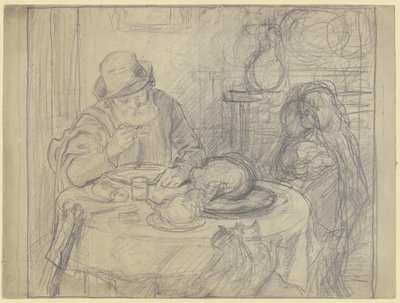 Homme à la table à manger avec enfant et chat - Otto Scholderer