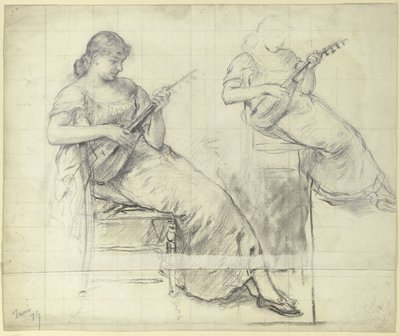 Jeune femme assise, jouant de la mandoline - Otto Scholderer