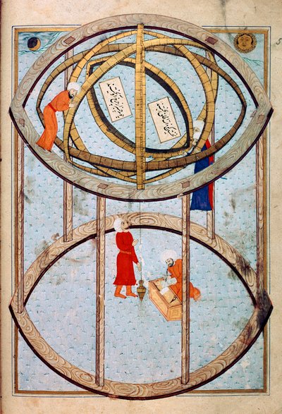 Astronomes manipulant une énorme sphère armillaire et des outils pour mesurer la longitude et la latitude Miniature du manuscrit ms. FY 1404 « Sehinsahname » (ou Shahinshah-nama) « L