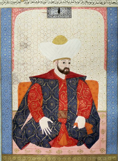 Empire ottoman : Portrait du sultan ottoman Murad I (1326-1389). Miniature du manuscrit « Zubdatat-al-Tawarikh » (Crème des Histoires) par l
