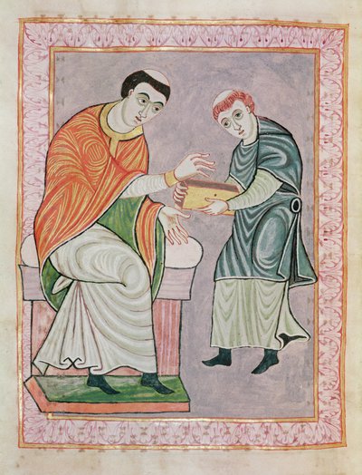 Le scribe Anno devant Gero, du Codex Gero, vers 969 - Ottonian