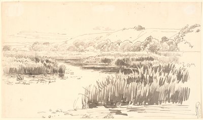 Paysage avec une rivière bordée de grands roseaux. Collines en arrière-plan. Probablement Vejle - P.C. Skovgaard