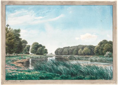 Paysage boisé avec un lac et trois enfants pêchant - P.C. Skovgaard