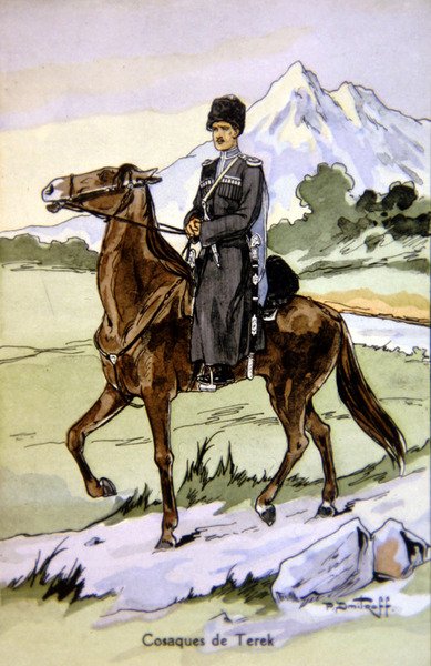 Carte postale représentant un cosaque du Terek, c.1914 (lithographie en couleur) - P. (after) Dmitroff