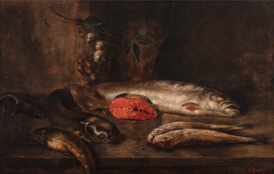 Nature morte de poissons avec une carpe, un poisson-chat, un saumon, un rouget, des anguilles et une sole sur une table avec de l