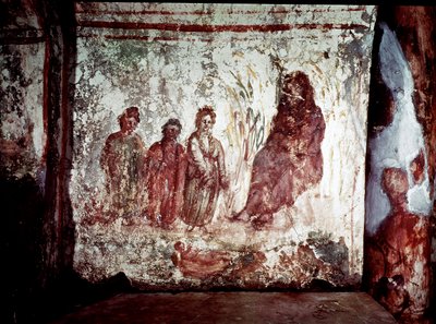 Art paléochrétien : Moïse sauvé des eaux du Nil par la fille de Pharaon. Fresque des catacombes de la Via Latina à Rome. 4e siècle - Paleo Christian