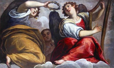 Anges musiciens avec un cymbale et une harpe - Palma Il Giovane